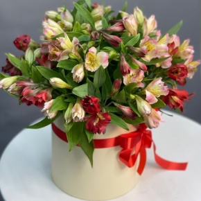 Композиция в шляпной коробке из 21 альстромерии в Дзержинском