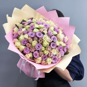Букет из 101 розы пастельный микс и роз Меритим (40 см) в Дзержинском