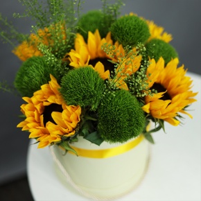 Композиция в шляпной коробке из подсолнухов и диантусов люкс в Дзержинском